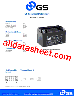 GS-GTX14L-BS Datasheet PDF - GS Yuasa Battery Sales UK Ltd