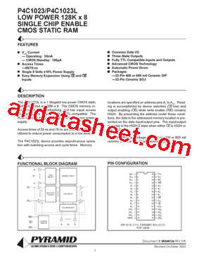 P4C1023L-55CJM Datasheet PDF - Pyramid Semiconductor Corporation