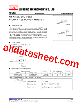 12N50G-TA3-T Datasheet PDF - Unisonic Technologies